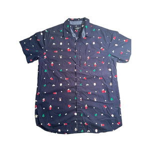 Eighty Eight Men's Christmas Blue Button Up Shirt LG , Red Cup Santa Tree‎ Theme